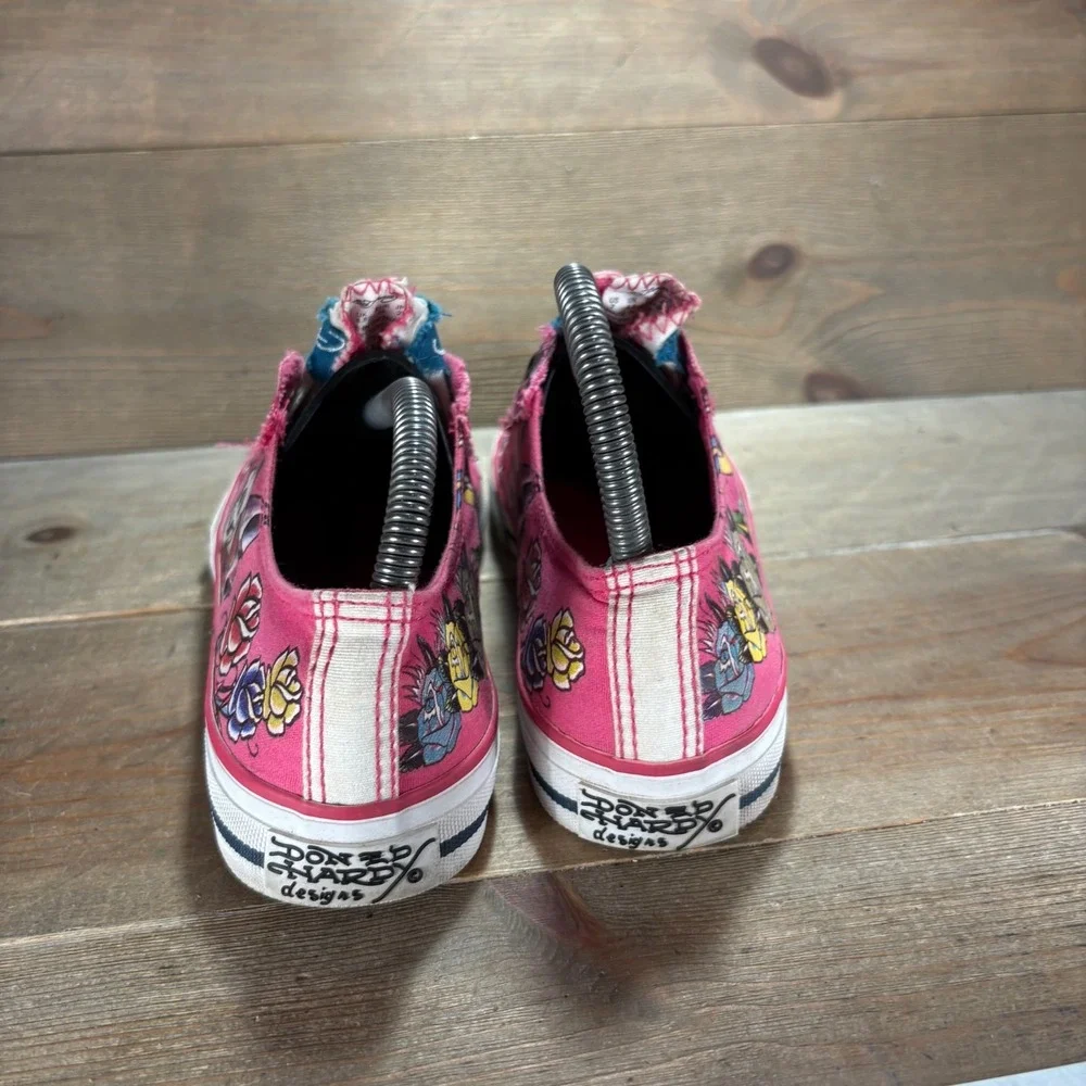 Ed Hardy Womens size 7 shoes Pink Canvas Skull Rose Tattoo sneakers
